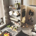 Modern Kitchen Storage Rack With Spice Bottles Plates And Knives On Countertop