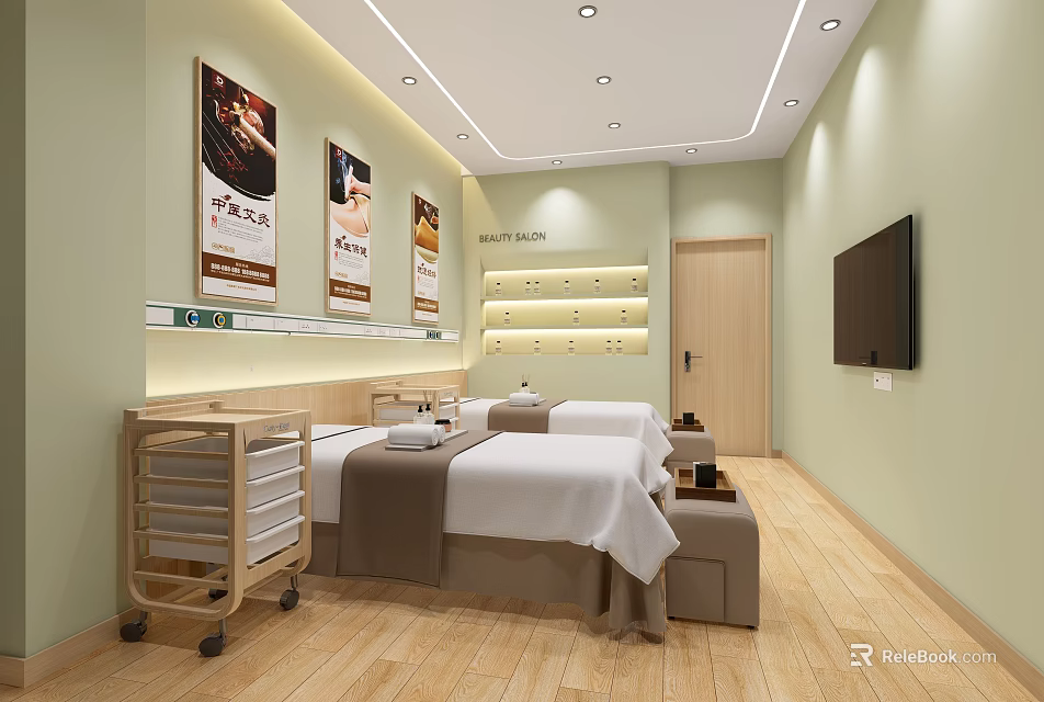 Relaxing SPA Sauna Treatment Room With Comfortable Beds Rolling Cart Posters And TV 3d model 