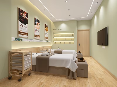 Relaxing SPA Sauna Treatment Room With Comfortable Beds Rolling Cart Posters And TV 3d model