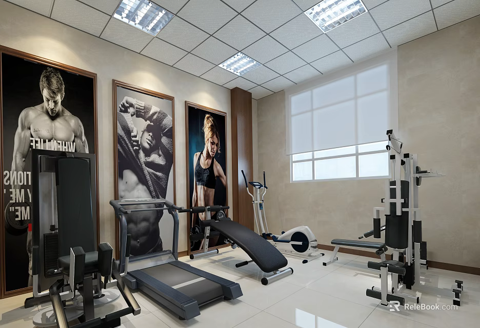 Modern Fitness Gym Interior With Various Fitness Equipment And Posters 3d model 