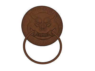 Antique Chinese Circular Door Knocker Featuring Mythical Beast Carving 3d model