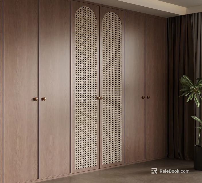 Modern Wooden Wardrobe Design With Perforated Panels And Brass Handles 3d model 