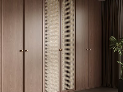 Modern Wooden Wardrobe Design With Perforated Panels And Brass Handles 3d model