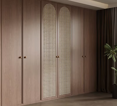 Modern Wooden Wardrobe Design With Perforated Panels And Brass Handles 3d model