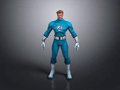 Superhero Male Figure in Blue Uniform with Four Symbol Standing Pose White Belt Gloves Boots 3d model