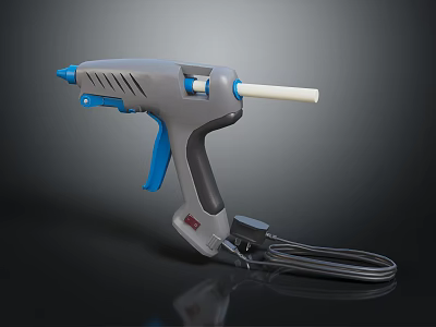 Gray Glue Gun With Blue Handle White Glue Stick And Black Power Cord 3d model