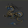 3D Rendered Golden And Blue Mythical Dragon With Flowing Mane Scales And Claws