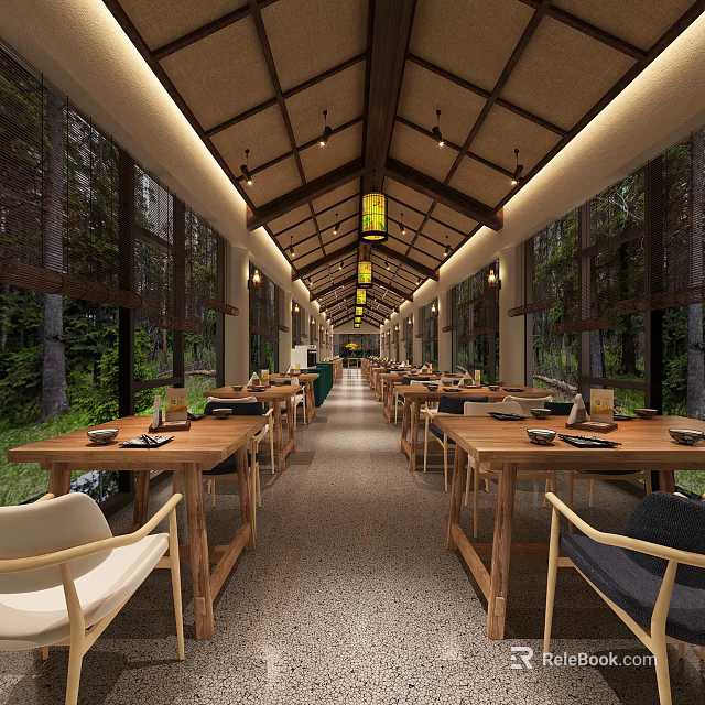 Japanese Style Restaurant Long Wooden Interior With Green Plants Outside Windows And Wooden Tables Chairs 3d model 
