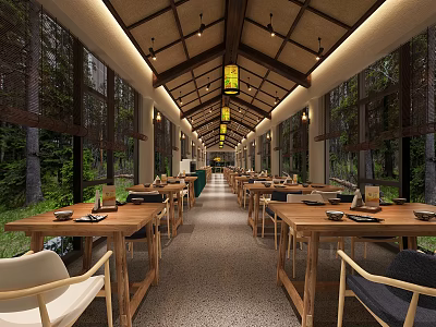 Japanese Style Restaurant Long Wooden Interior With Green Plants Outside Windows And Wooden Tables Chairs 3d model