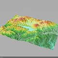 3D Topographic Terrain Model Featuring Colorful Mountains Valleys And Blue Lake