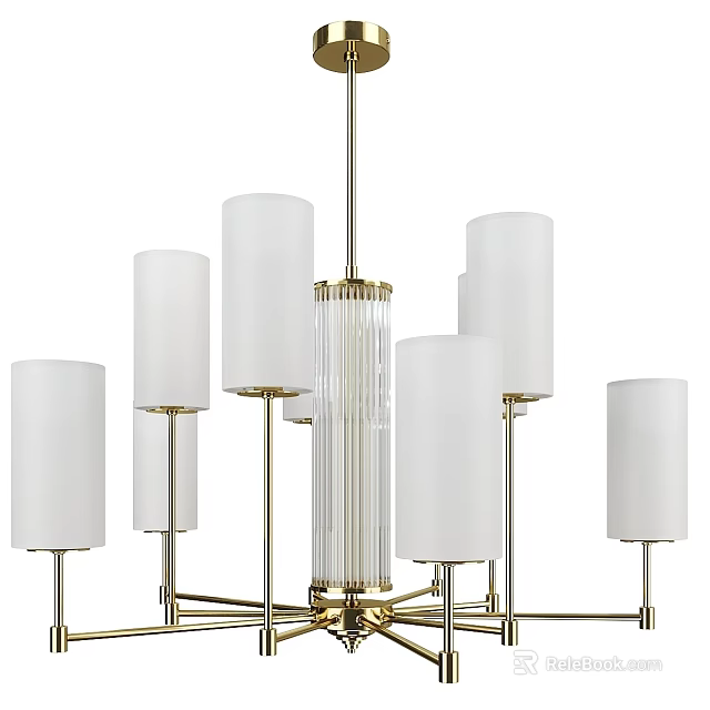 Modern Gold Brass Chandelier With White Cylindrical Shades And Transparent Vertical Stripes 3d model 