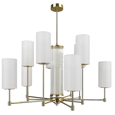 Modern Gold Brass Chandelier With White Cylindrical Shades And Transparent Vertical Stripes 3d model
