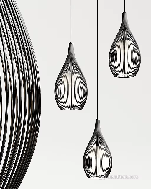 Three Modern Teardrop Shaped Striped Pendant Lights in White Background 3d model