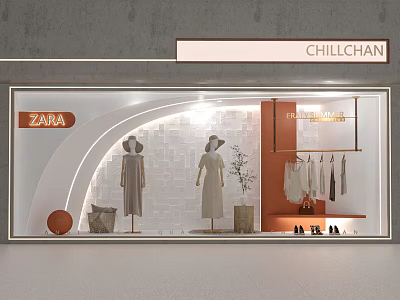 Stylish ZARA Window Display With Mannequins Dresses Clothes Shoes And Decorative Plant 3d model