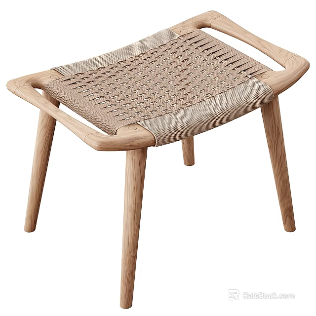 Modern Wooden Stool With Woven Seat And Natural Wooden Legs Design 3d model 