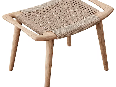 Modern Wooden Stool With Woven Seat And Natural Wooden Legs Design 3d model