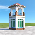Pergola With Red Roof White Brown Structure Green Windows On Stone Pavement And Green Lawn