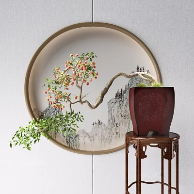 Bonsai Plant in Red Pot on Wooden Stand with Curved Branch Red Fruits Circular Landscape 3d model