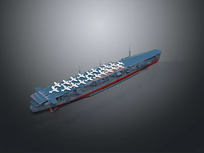 Detailed Aircraft Carrier Model With Blue Hull Red Stripes And Deck Airplanes 3d model