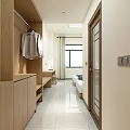 Minimalist Entryway Featuring Wooden Coat Rack Hanging Coats Bench And Gray Tiled Floor
