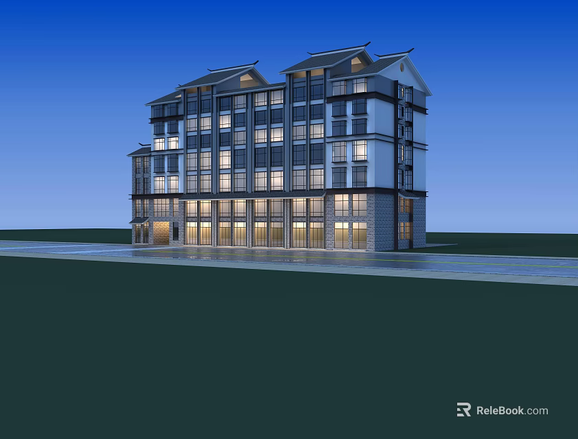 Modern Residential Building Exterior Design With Illuminated Windows And Blue Sky 3d model 