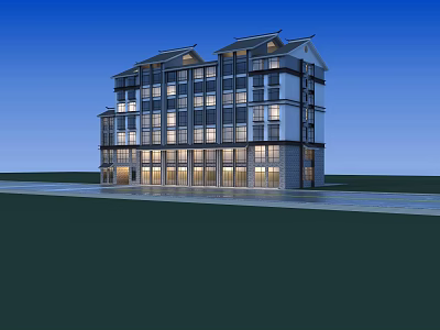 Modern Residential Building Exterior Design With Illuminated Windows And Blue Sky 3d model