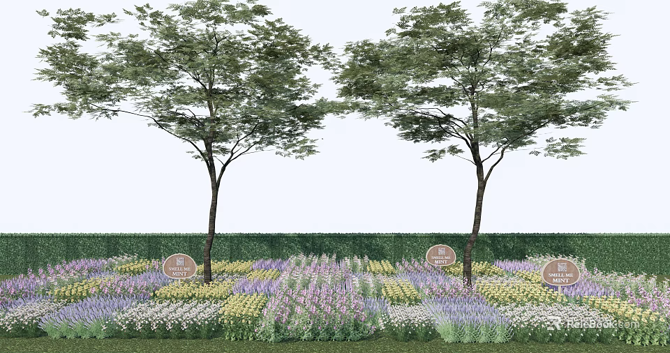 Scenic Garden Landscape With Two Tall Trees And Colorful Flower Beds 3d model 