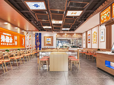Traditional Chinese Restaurant Interior With Open Counter Wooden Tables And Orange Decor 3d model