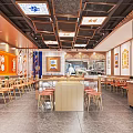 Traditional Chinese Restaurant Interior With Open Counter Wooden Tables And Orange Decor