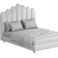 Comfortable Double Bed With Arched Padded Headboard Brown Pillows White Bed Sheets And Soft Blanket 3d model