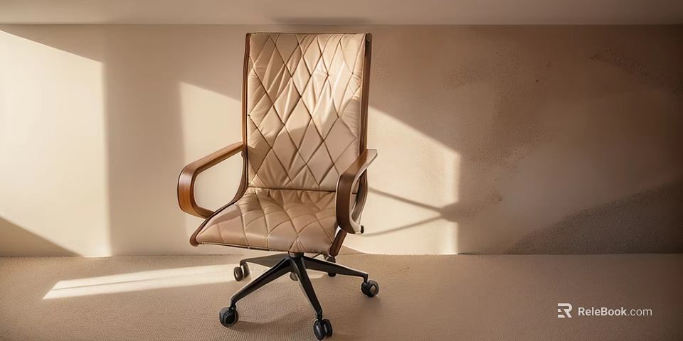 Modern Leather Office Chair Featuring Diamond Quilted Design Wooden Armrests And Rolling Wheels 3d model 