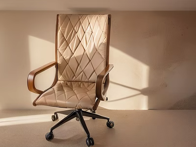 Modern Leather Office Chair Featuring Diamond Quilted Design Wooden Armrests And Rolling Wheels 3d model