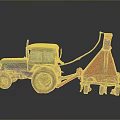 Blue Farm Tractor Pulling Red Agricultural Implement For Field Work