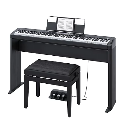 Black Electric Piano With Bench Music Stand And Pedal Set For Home Practice 3d model