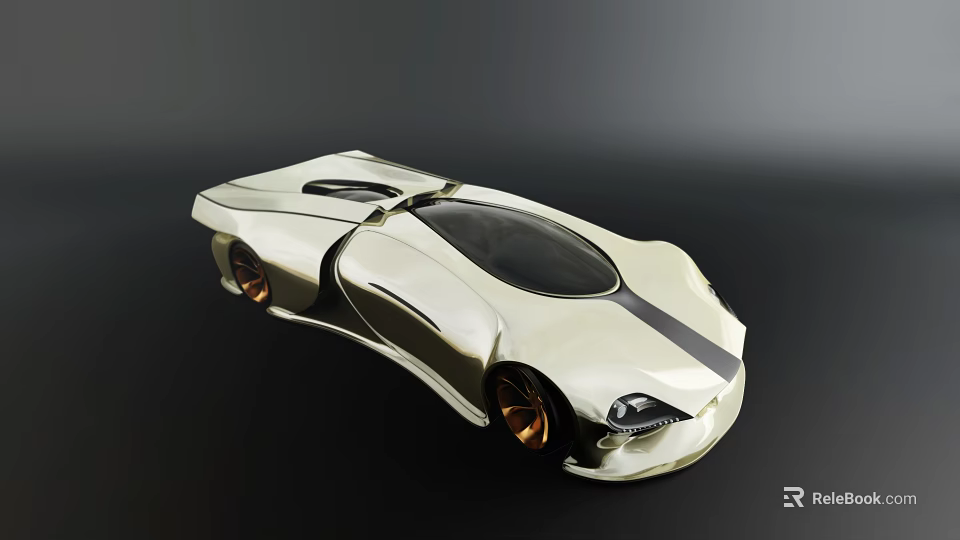 Futuristic Sporty Concept Car With Sleek White Body Black Stripe And Gold Wheels 3d model 
