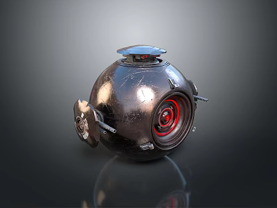 Metallic Spherical Mechanical Device Featuring Red Center Shiny Surface And Top Lid 3d model