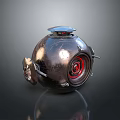 Metallic Spherical Mechanical Device Featuring Red Center Shiny Surface And Top Lid