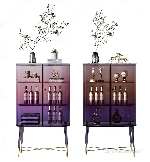 Modern Wine Cabinet With Glass Doors Displaying Wine Bottles Decorative Items And Green Plants 3d model 