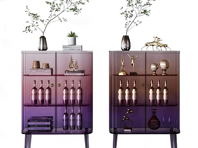 Modern Wine Cabinet With Glass Doors Displaying Wine Bottles Decorative Items And Green Plants 3d model