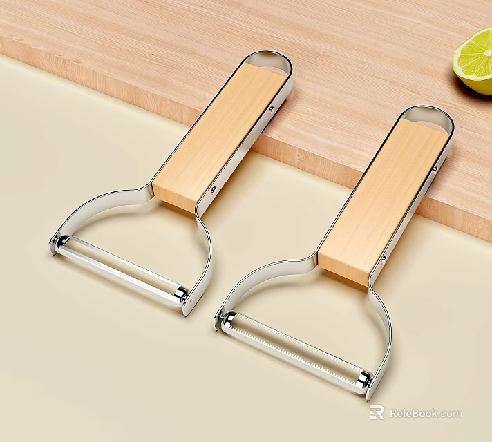 Stainless Steel Kitchen Peelers With Wooden Handles And Fresh Lime On Countertop 3d model 