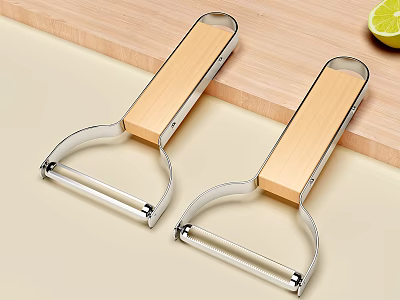 Stainless Steel Kitchen Peelers With Wooden Handles And Fresh Lime On Countertop 3d model