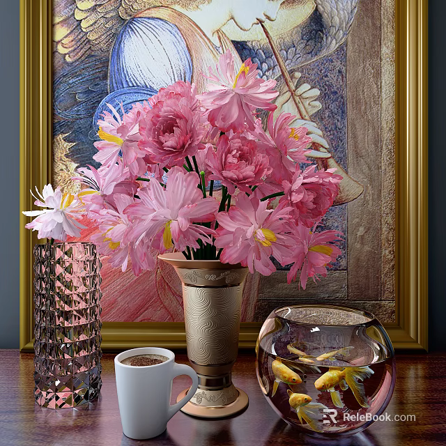 Fish Tank Aquarium with Goldfish and Pink Flowers in Vase Near Coffee Cup and Background Painting 3d model 