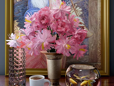 Fish Tank Aquarium with Goldfish and Pink Flowers in Vase Near Coffee Cup and Background Painting 3d model