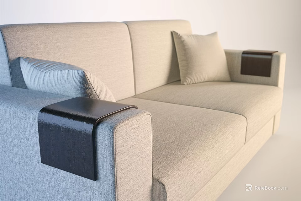 Beige Multi Person Sofa With Black Armrest Cup Holders And Light Colored Pillows 3d model