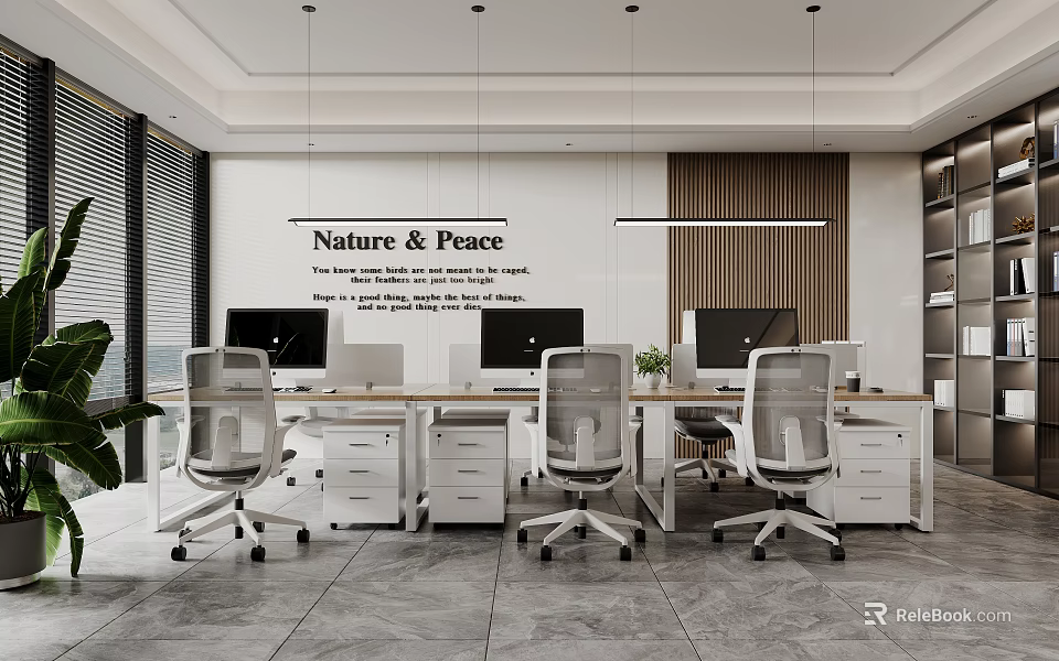 Modern Office Interior With Multiple Workstations Computers White Desks Nature And Peace Plants 3d model 