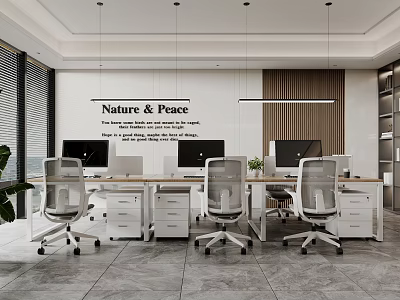 Modern Office Interior With Multiple Workstations Computers White Desks Nature And Peace Plants 3d model