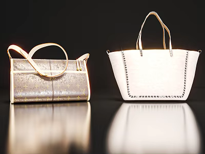 Fashionable Gold Glittery And White Textured Handbags With Leather Straps And Stitched Edges 3d model