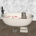 White Oval Bathtub With Rose Petals Bath Products Slippers And Storage Basket On Wooden Floor