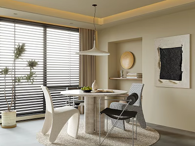 Modern Dining Living Room Interior With Round Table Chairs Windows Blinds And Wall Art 3d model