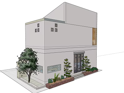 Modern Two Story White House Exterior With Trees Plants And Windows Design 3d model